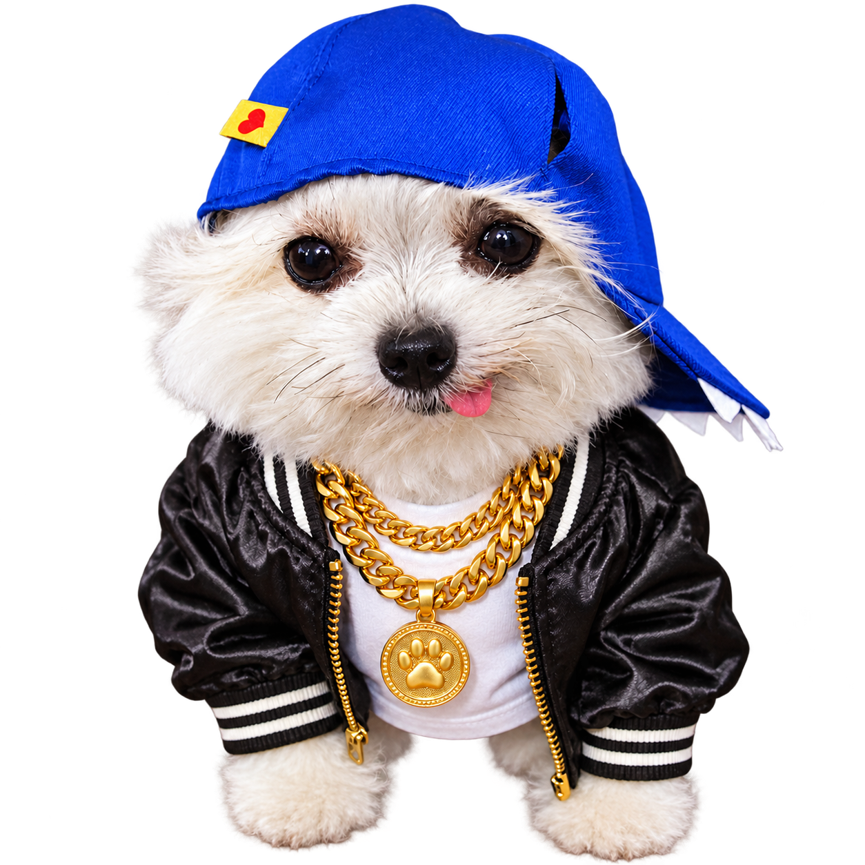 Lil Tyav, a fluffy white puppy in a blue cap, black varsity jacket and gold paw chain